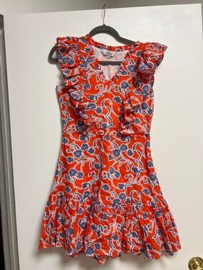 Laroque Red Blue Floral Cotton Ruffle V-neck A-line Mini Dress Small